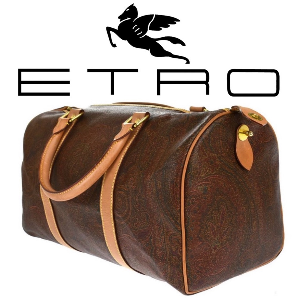 Authentic Vintage ETRO Paisley Boston Speedy  Satchel Brown Leather PVC Bag 1992